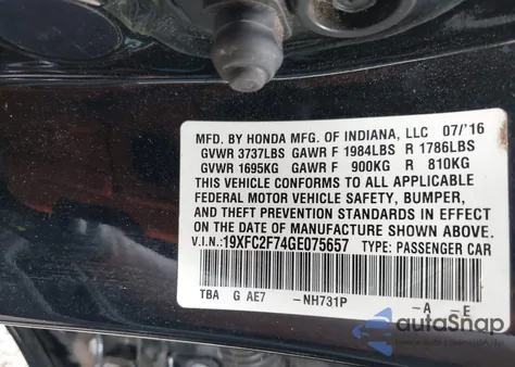 2016 Honda Civic Ex z USA, uszkodzony, nr VIN 19XFC2F74GE075657